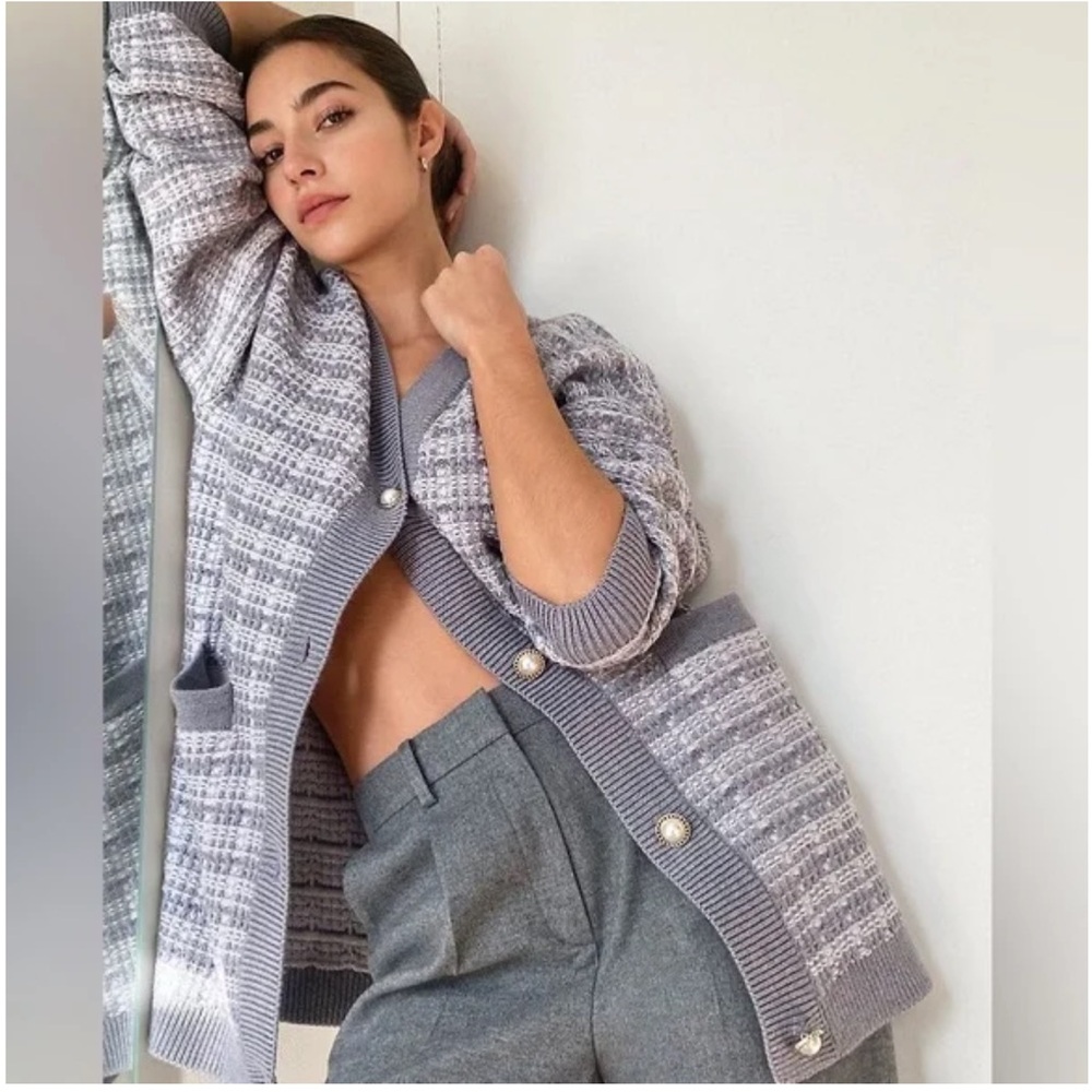 Aritzia | Babaton 100% Merino Wool Lacer Grey/White Cardigan Size S